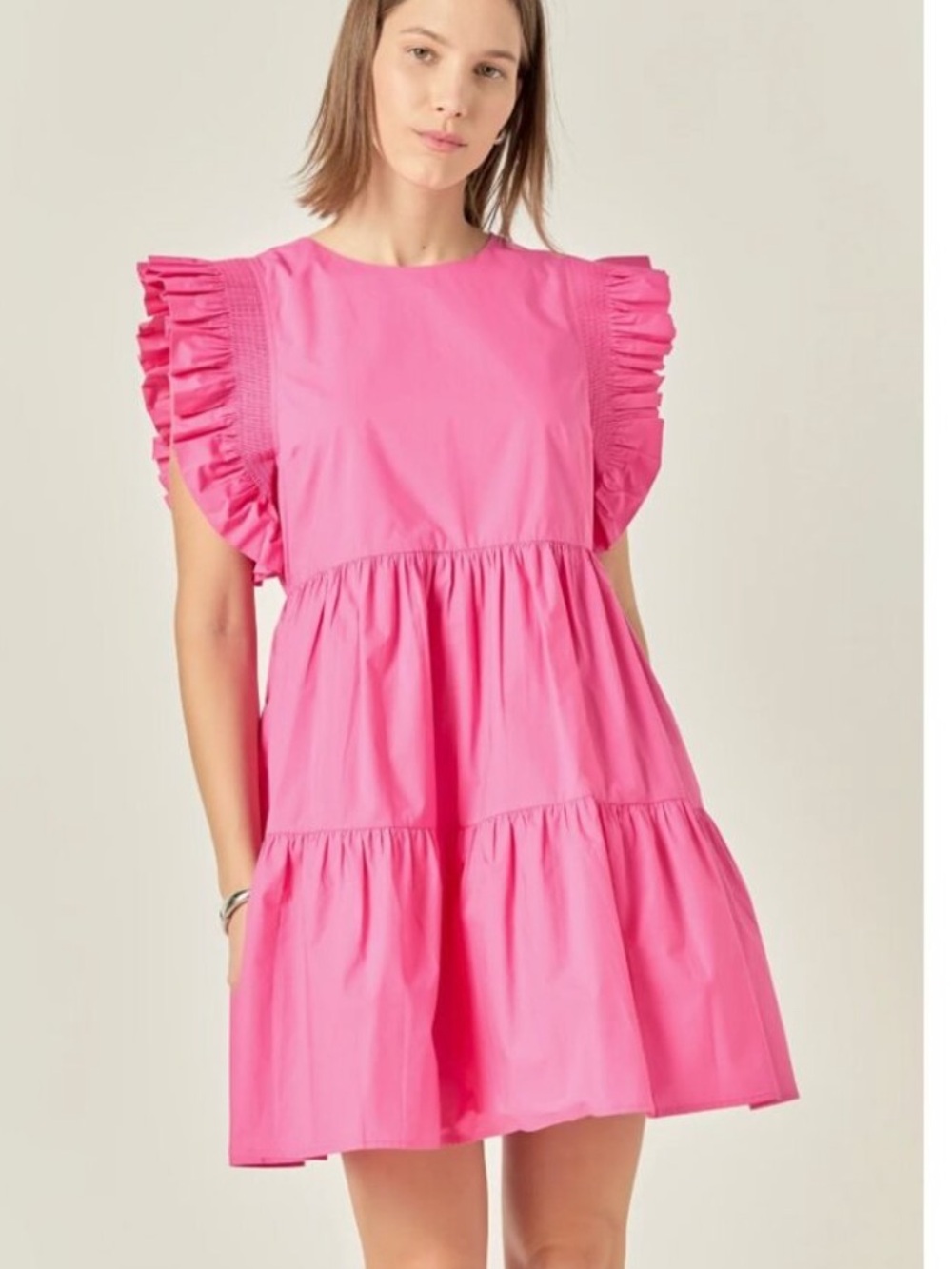 NEW- English Factory 100% Cotton Pink Ruffle Sleeve Tiered Mini Dress W Pockets